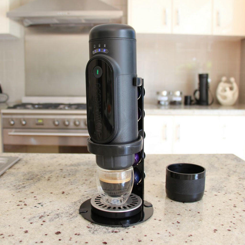 NowPresso Portable Espresso Machine Stand in kitchen at home
